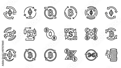 Collection of Bitcoin cryptocurrency logos and symbols.