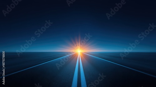 Bright Sunrise Over Empty Road with Clear Horizon and Blue Sky, Ideal for Journey, Travel, Adventure, Hopeful Beginnings and Inspirational Themes