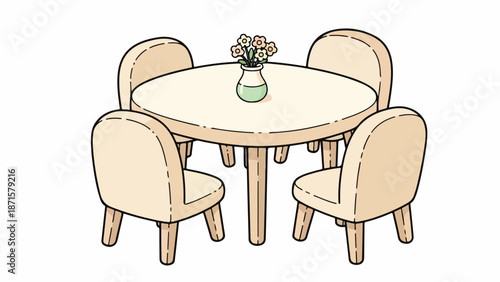 Illustration of a round dining table with four chairs and a vase of flowers on a white background, in a simple line drawing style with beige and brown tones.