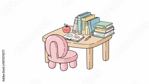 A pink child's chair pulled up to a wooden desk with books, an apple, and school supplies on a plain white background.
