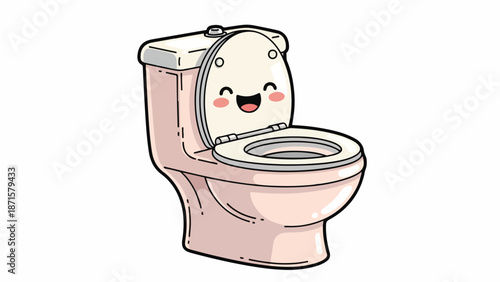 Cartoon illustration of a pink toilet with a cheerful face and rosy cheeks on the toilet seat lid, set against a plain white background.