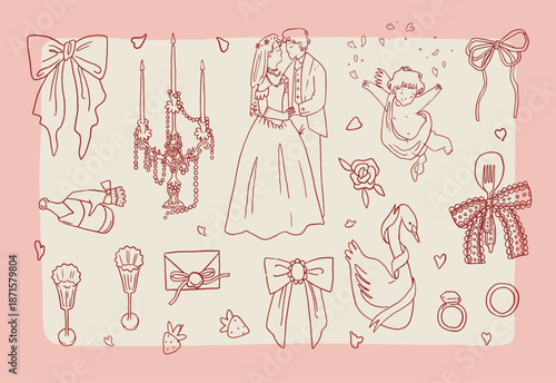 Whimsical rococo wedding line art doodles collection. Hand drawn Ink vector set of romantic celebration icons