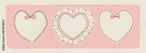 Collection of heart shaped Valentine's decorative whimsical frames in coquette style on a light pink background. Lace bows  frame in rococo love opera aesthetic. Vector hand drawn graphic set