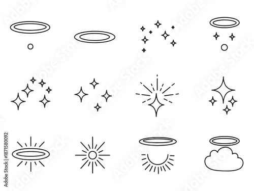 A set of minimalist line art icons featuring halos, sparkles, and radiant light effects, perfect for adding a touch of magic to designs.