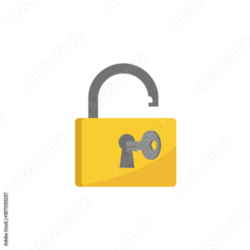 A simple illustration of an unlocked yellow padlock with a keyhole and a key inserted, symbolizing security, access, and freedom.