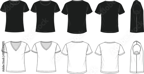 Blank t shirt vector mockup set, black and white styles, front back views, crew neck and v neck apparel templates