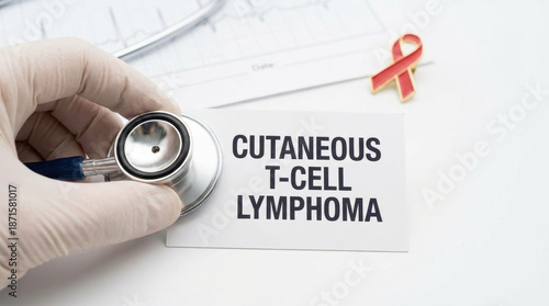 Cancer health concept care background woman doctor glove hand hold stethoscope and card with cutaneous t cell lymphoma text awareness support Cancer check concept