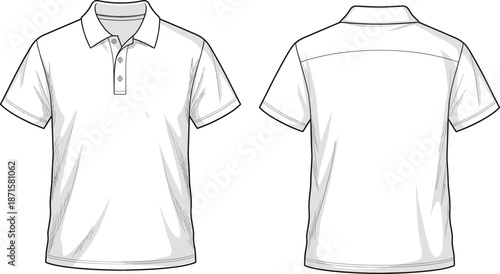 Blank white polo shirt vector mockup, front and back view, apparel template, fashion design illustration, isolated clothing layout, print, ready
