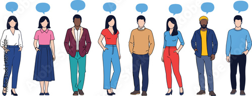 Flat diverse people characters illustration, multicultural team standing together, communication speech bubbles, modern vector design, social interaction concept, community, network