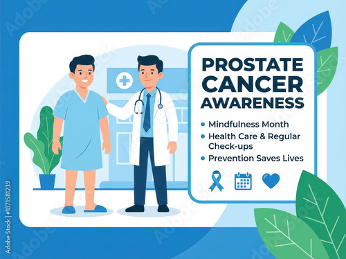 Prostate cancer awareness health care concept poster with smiling man and friendly doctor clinic background promoting checkup and prevention support woman doctor care message Cancer check concept