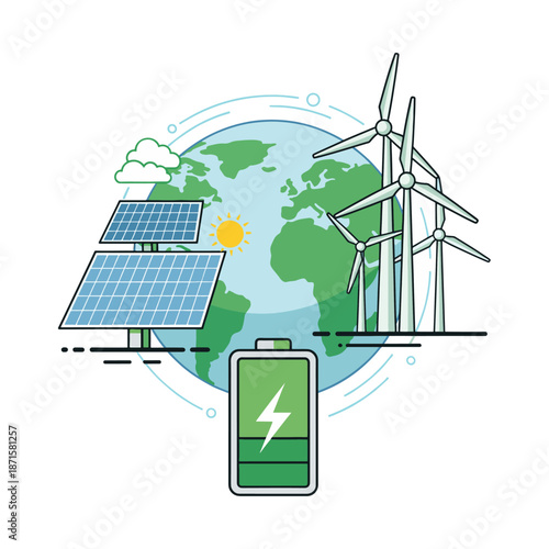 Illustration of solar panels, wind turbines, and a battery, symbolizing renewable energy sources powering a sustainable Earth and clean energy solutions.