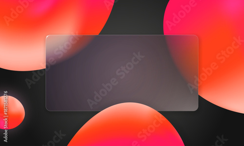 Trendy glassmorphism frame in vibrant red and pink gradients feature frosted 3d spheres. These modern glassy banner and bubble shapes create a realistic matte effect for landing page designs.