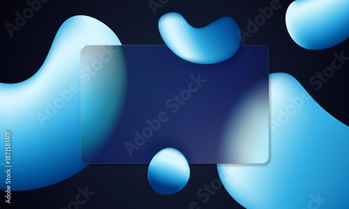 Blue 3d spheres float behind frosted glassmorphism card with a soft light texture. This technological design uses blurry geometric shapes to create a realistic, airy feel for mobile apps.