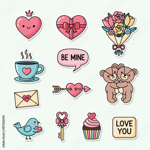 A collection of cute Valentine's Day stickers featuring hearts, flowers, teddy bears, a love letter, and other romantic elements, perfect for adding a touch of love to any project.