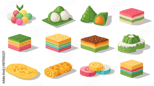 Indonesian Traditional Food Snacks Vector Set, Jajanan Pasar, Asian Sweet Desserts and Cakes Illustration