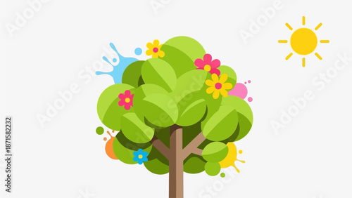 This flat design illustration symbolically represents the essence of Holi as a spring festival and a time for new beginnings, featuring a vibrant tree adorned with subtle color splashes