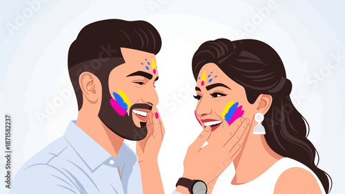 A delightful flat design illustration portraying an Indian couple celebrating Holi, playfully smearing vibrant colors on each other's faces