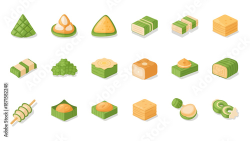 Traditional Indonesian Jajanan Pasar Icon Set, Southeast Asian Street Food Snacks, Traditional Cakes and Sweet Desserts Vector Isometric Illustration