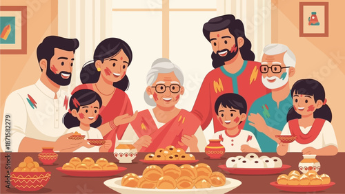 This flat design illustration depicts a loving Indian family celebrating Holi, enjoying traditional sweets and drinks together