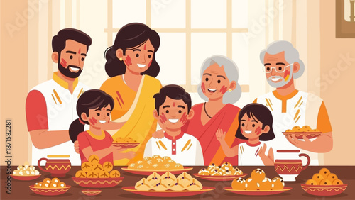 This flat design illustration depicts a loving Indian family celebrating Holi, enjoying traditional sweets and drinks together