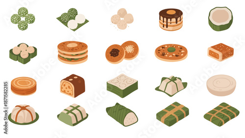 Traditional Indonesian Jajanan Pasar Food Icon Set, Southeast Asian Snacks and Sweets, Isometric Vector Illustration of Traditional Cakes and Street Food Desserts