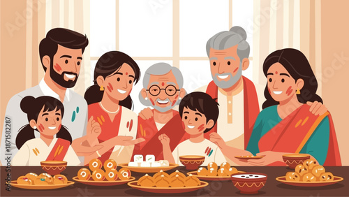 This flat design illustration depicts a loving Indian family celebrating Holi, enjoying traditional sweets and drinks together