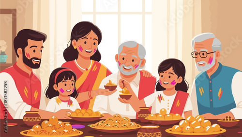 This flat design illustration depicts a loving Indian family celebrating Holi, enjoying traditional sweets and drinks together