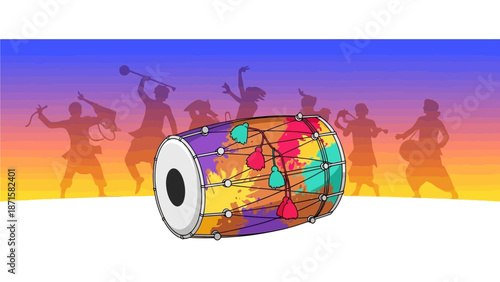 A striking flat design illustration featuring a traditional Dhol drum, subtly adorned with colors, set against a dynamic background of people dancing in Holi celebrations