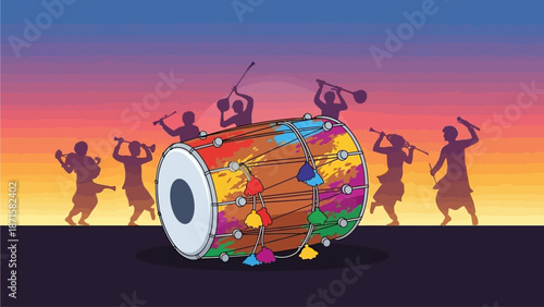 A striking flat design illustration featuring a traditional Dhol drum, subtly adorned with colors, set against a dynamic background of people dancing in Holi celebrations