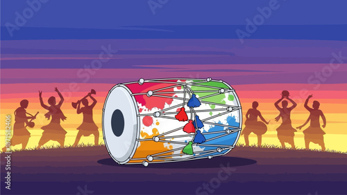 A striking flat design illustration featuring a traditional Dhol drum, subtly adorned with colors, set against a dynamic background of people dancing in Holi celebrations