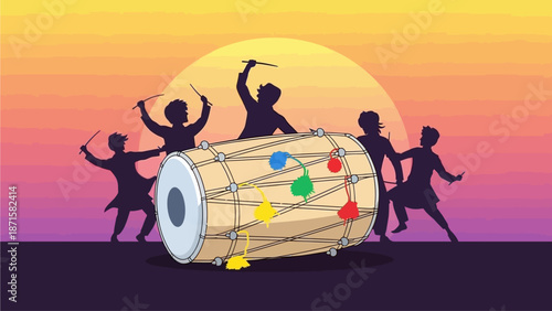 A striking flat design illustration featuring a traditional Dhol drum, subtly adorned with colors, set against a dynamic background of people dancing in Holi celebrations