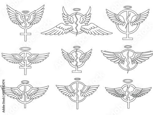A collection of angel wing designs, each incorporating a halo and a unique symbol, creating a blend of spirituality and artistic expression.