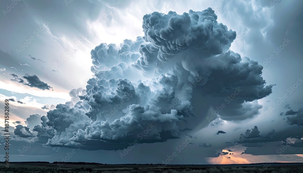 Fototapeta premium A dramatic, immense cloud formation dominates the frame. Heavy, dark clouds build up against a backdrop of golden light