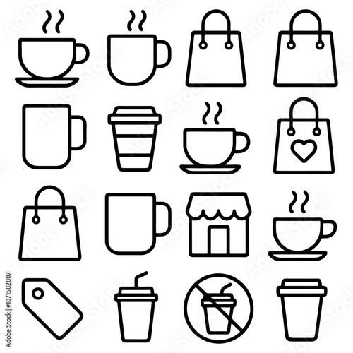Essential Icons: A collection of meticulously crafted icons, including coffee cups, shopping bags, and a storefront, meticulously rendered in a sleek, minimalist style.