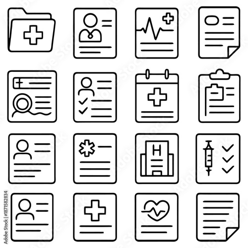 Medical Icons Array: An organized array of medical icons represents diverse aspects of healthcare and related documentation.