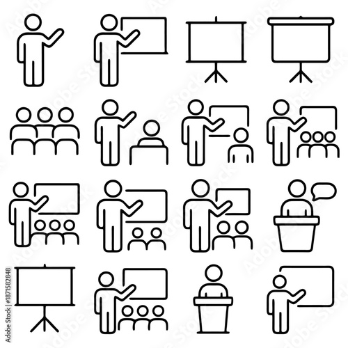 Presentation Icon Set: A comprehensive collection of simplified icons, showcasing various scenarios and settings within the context of presentations.