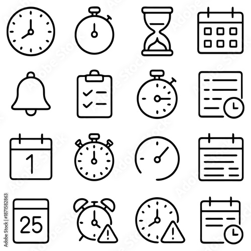 Timeless Precision: An illustrative collection of timekeeping devices and scheduling tools, showcasing a variety of clocks, timers, and calendars.