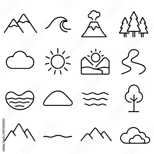 Nature Icons: A collection of simple, elegant line-art icons representing natural elements and landscapes, perfect for design and environmental themes.