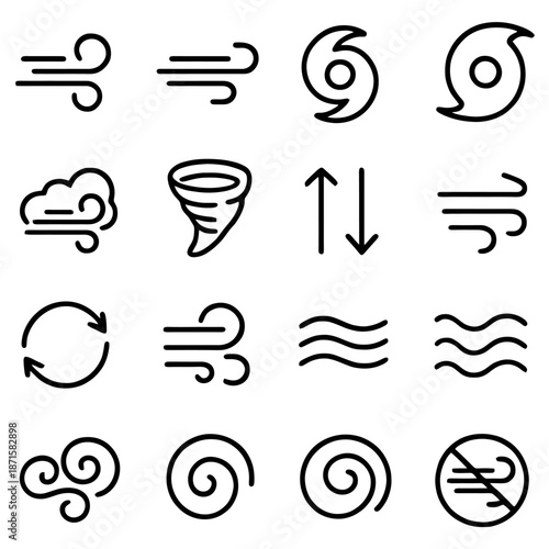 Icons of the Elements: A minimalist collection of elegant line icons, depicting the raw power and subtle nuances of the weather, showcasing wind and air in a spectrum of forms. 