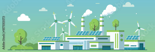 Green energy factory with solar panels wind turbines and clean technology showing sustainable industry and renewable power concept