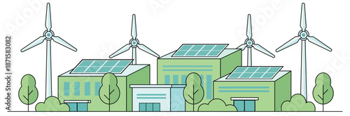 Green factory with solar panels and wind turbines showing clean power sustainable industry and eco friendly energy concept