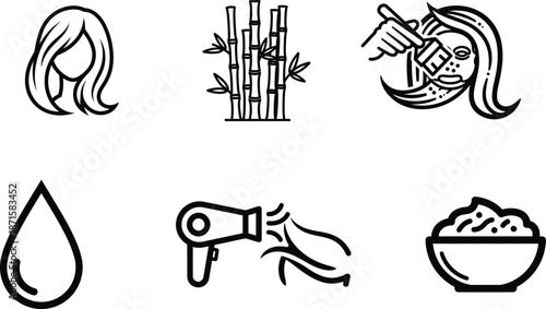 Black and white line art icons of hair care and beauty products and tools