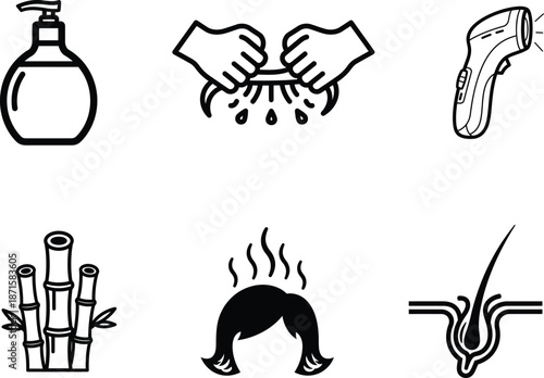 Black line icons for hygiene and hair care products and actions  various symbols