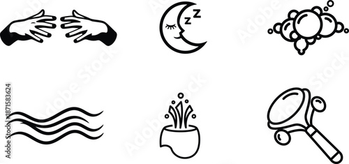 Black and white line icons of various objects and symbols on white background