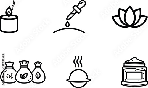 black line icons of candle dropper lotus bags bowl jar  wellness and self care symbols