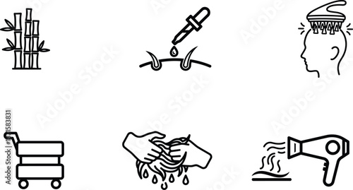 line drawing icons of bamboo shopping cart hair dryer and hygiene