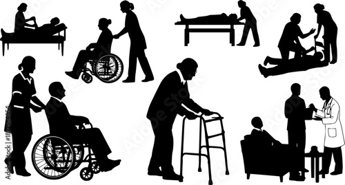 Disabled people care silhouette illustration, wheelchair and walker support, senior healthcare assistance, nurse helping elderly, rehabilitation, medical support scene