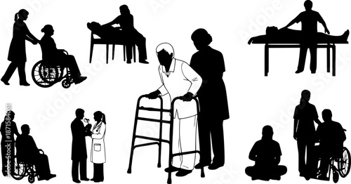 Disabled people care silhouette illustration, wheelchair and walker support, senior healthcare assistance, nurse helping elderly, rehabilitation, medical support scene