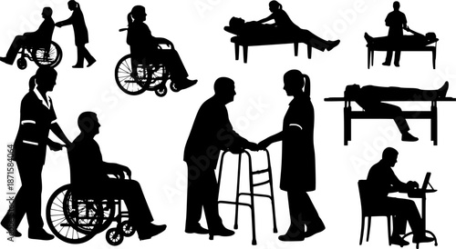Disabled people care silhouette illustration, wheelchair and walker support, senior healthcare assistance, nurse helping elderly, rehabilitation, medical support scene