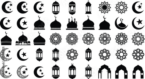   
Islamic icon collection with crescent moons, mosque silhouettes, lanterns, star patterns, cultural symbols, religious elements, black design flat vector